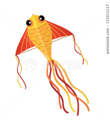 Cartoon paper fish shaped kite with big eyes, golden scaled body, red triangular wings and long flowing red or yellow streamers. Vector kids hover toy with ribbon tail for summer festival 135812217