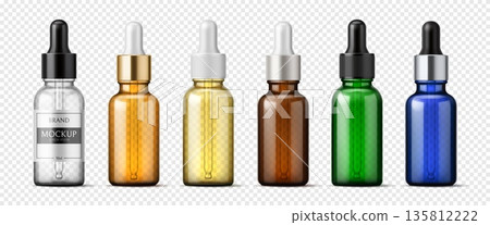 Realistic glass dropper pipette bottle mockup, vector cosmetic, essential oil and medicine package. 3d brown, ember and green, blue and clear glass bottles and flasks with dropper pipette lids 135812222