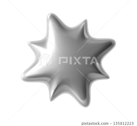 Silver metallic 3d star or spark realistic symbol. Shiny metal 3d shape, chrome metallic render isolated vector element. Glossy gradient star or spark figure or silver balloon realistic form 135812223