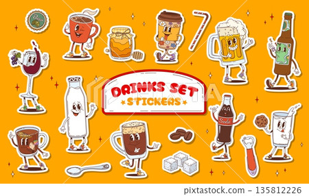 Groovy drink characters stickers of wine, beer mug, milk bottle and glass, soda, sugar cubes, coffee cup and honey jar. Cartoon soda, straw and bottle opener, Vector beverage themed retro personages 135812226