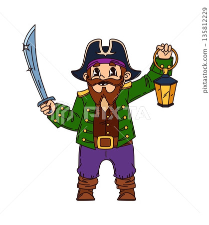 Armed corsair pirate cartoon adorable character. Corsair captain funny mascot, pirate fighter cheerful vector character. Filibuster cute personage with sword, wearing tricorn hat and holding lantern 135812229