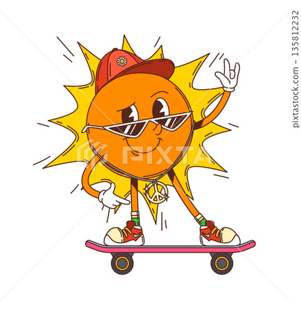 Cartoon groovy hippie sun character on skateboard with sunglasses and cap, showing playful gesture. Vector retro y2k personage with summer energy, cheerful warm expression and funky cool street vibe Cartoon groovy hippie sun character on skateboard with sunglasses and cap, showing playful gesture. Vector retro y2k personage with summer energy, cheerful warm expression and funky cool street vibe 135812232