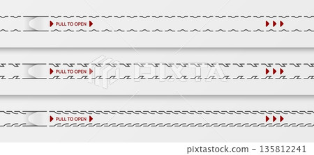 Package perforated tear strip border line. Vector pull tab templates with dashed perforation lines and red Pull to open text, arrows, and opening indicators for packaging, labels, and product layouts Package perforated tear strip border line. Vector pull tab templates with dashed perforation lines and red Pull to open text, arrows, and opening indicators for packaging, labels, and product layouts 135812241