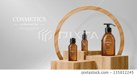 3d wooden podium stage with three skincare cosmetic amber glass bottles displayed on wooden stand blocks. Shower gel pump bottle, tonic and a dropper oil cosmetics product realistic vector mockup 135812245