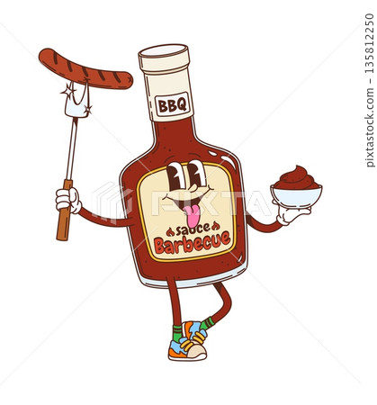 Cartoon groovy barbecue sauce character holding grill sausage and sauce bowl. Vector retro hippie y2k sauce condiment personage with smiling face. Funky food mascot inspired by 60s and 70s nostalgia Cartoon groovy barbecue sauce character holding grill sausage and sauce bowl. Vector retro hippie y2k sauce condiment personage with smiling face. Funky food mascot inspired by 60s and 70s nostalgia 135812250
