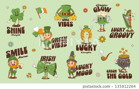 Y2K groovy Saint Patrick's day stickers. Funky vector stickers with clover leaf, horseshoe, green bow tie, pot of gold coins, harp, beer mug, and leprechaun. Groovy mascots for holiday decorations 135812264