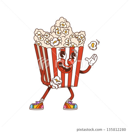 Cartoon groovy popcorn character. Vector hippie retro y2k striped pop corn bucket with smiling face and red clown nose juggling with tasty crunchy kernels. Funky cheerful cinema fast food snack mascot Cartoon groovy popcorn character. Vector hippie retro y2k striped pop corn bucket with smiling face and red clown nose juggling with tasty crunchy kernels. Funky cheerful cinema fast food snack mascot 135812280