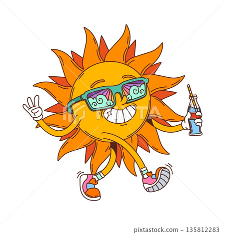 Cartoon groovy hippie sun character wearing bright sunglasses and walking with a cheerful smile. Vector funky sunny retro personage holding a drink bottle, creates a happy vintage y2k summer mood Cartoon groovy hippie sun character wearing bright sunglasses and walking with a cheerful smile. Vector funky sunny retro personage holding a drink bottle, creates a happy vintage y2k summer mood 135812283