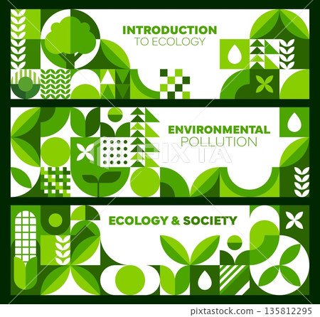 Environment ecology banners with geometric Bauhaus pattern. Nature saving vector horizontal banners, environment protection flyers. Ecology saving posters with green abstract Bauhaus shapes pattern 135812295