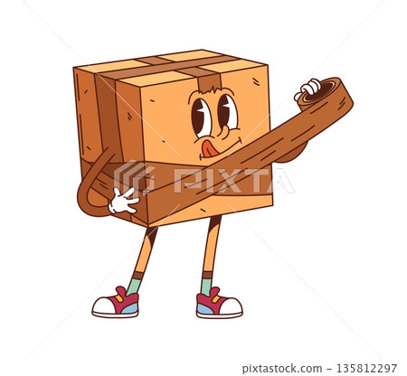 Cartoon groovy delivery cardboard box character. Delivery container happy vintage funky vector mascot, shipping package funny character. Cardboard box groovy character rolling adhesive tape on sides 135812297