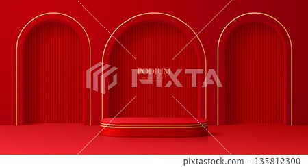 Red cosmetic product podium stand and golden arches, vector 3d background. Modern red pedestal, realistic show room platform or podium stage for product display with gold line frames and arched niches Red cosmetic product podium stand and golden arches, vector 3d background. Modern red pedestal, realistic show room platform or podium stage for product display with gold line frames and arched niches 135812300