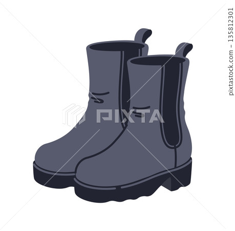 Winter wardrobe boots, warm apparel element. Warm clothes cartoon element, cold weather boots vector accessory. Autumn or spring garment isolated sticker or winter wardrobe apparel outfit item 135812301