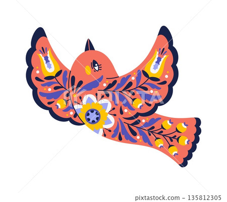 Scandinavian ethnic red ornate bird embroidery. Nordic folklore flying dove colorful drawing, Slavic graphic vector bird decoration. Scandinavian animal embroidery with blue and yellow flower ornament Scandinavian ethnic red ornate bird embroidery. Nordic folklore flying dove colorful drawing, Slavic graphic vector bird decoration. Scandinavian animal embroidery with blue and yellow flower ornament 135812305