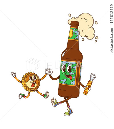 Cartoon groovy hippie beer drink bottle character with foam, smiling face and opener in hand giving high five with a happy cap personage. Vector retro y2k funky and cute beverage with friend on party 135812319