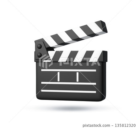 3d movie clapper board, video production icon. Classic black and white clapperboard with striped top in open position for movie posters, vector tool for video content creation, filmmaking tutorial 3d movie clapper board, video production icon. Classic black and white clapperboard with striped top in open position for movie posters, vector tool for video content creation, filmmaking tutorial 135812320