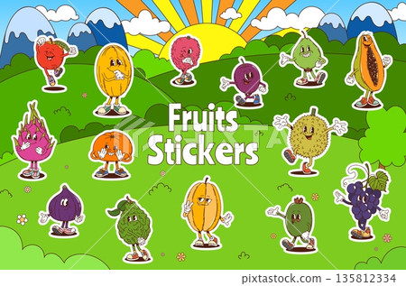 Cartoon groovy fruits character of tropical fruits with funny face,, vector stickers. Happy groovy fruits of papaya and tangerine, funky feijoa, with fig and grape or plum and melon at summer meadow 135812334