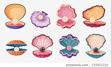 Cartoon scallop pearl shells or seashells open sea oysters with treasure jewelry, vector set. Scallop shells or mother pearl seashells with pearl balls for underwater fairy tale or undersea treasure 135812335