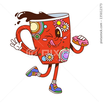 Cartoon groovy hippie coffee drink mug character. Hot chocolate or cocoa beverage retro groovy vector personage. Red ceramic mascot mug or cup with flowers print, splashing coffee drink, eating donut 135812373