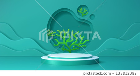 3d podium stage with sea green corals. Vector abstract underwater scene with coral shapes and layered paper cut waves. Realistic marine background in blue and green for product display or presentation 135812382