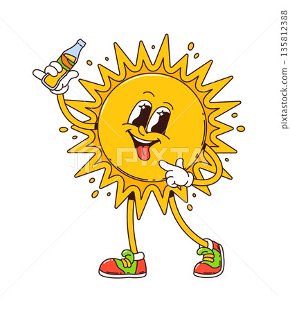 Cartoon groovy funny sun character with soda bottle and happy smile on face, vector personage. Groovy sun character with yummy tongue out and bottle of juice or lemonade and funky hipster shoes Cartoon groovy funny sun character with soda bottle and happy smile on face, vector personage. Groovy sun character with yummy tongue out and bottle of juice or lemonade and funky hipster shoes 135812388