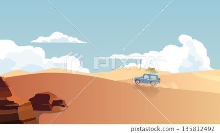 Off-road vehicle driving across a vast desert landscape. Packed with luggage on its roof rack suggesting a long-distance road trip or travel adventure. Clear blue sky with stylized white clouds. Off-road vehicle driving across a vast desert landscape. Packed with luggage on its roof rack suggesting a long-distance road trip or travel adventure. Clear blue sky with stylized white clouds. 135812492