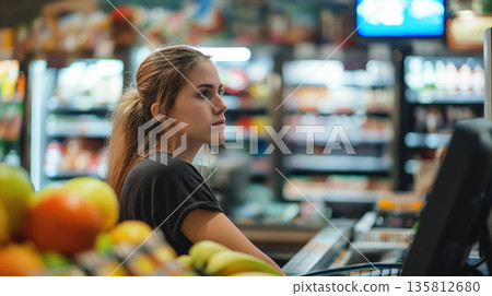 Focused young female cashier works at the checkout of a grocery store, surrounded by fresh produce. 135812680