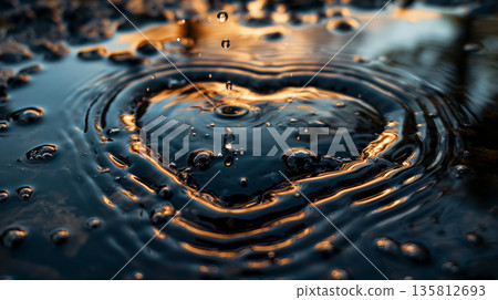 Captivating heart-shaped ripple forms in a body of water, highlighted by the reflection of the golden sunset. 135812693