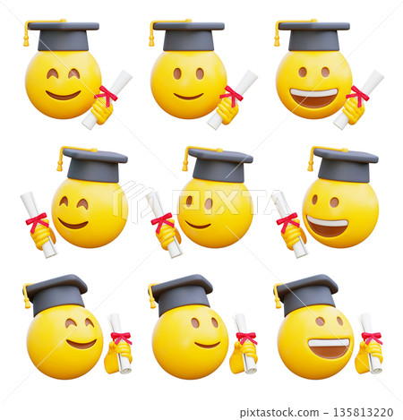 Happy 3D graduation emoji character holding a rolled diploma certificate with red ribbon 135813220