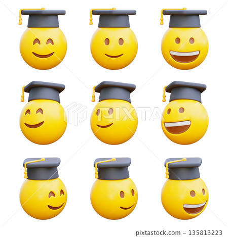 Cute 3D rendered emoji wearing a black graduation cap with golden tassel isolated 135813223