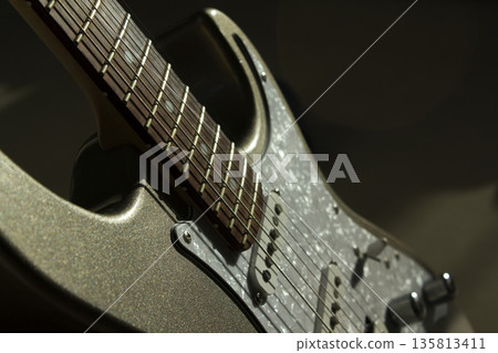This is a close-up of the electric guitar strings. 135813411