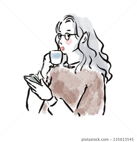 Senior woman looking at smartphone and coffee 135813545
