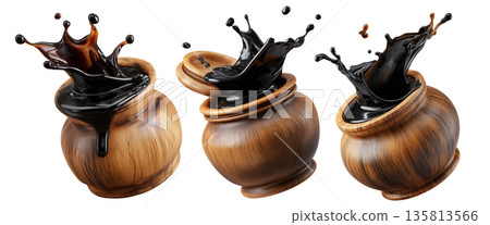 Set of Egyp Molasses black syrup jar splashing from a polished jar, isolated on white background, concept of Arabic Cuisine Set of Egyp Molasses black syrup jar splashing from a polished jar, isolated on white background, concept of Arabic Cuisine 135813566