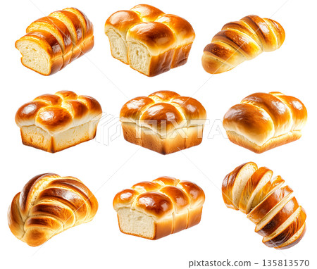 Set of golden-brown brioche loaf, isolated on white transparent background, concept of baked goods 135813570