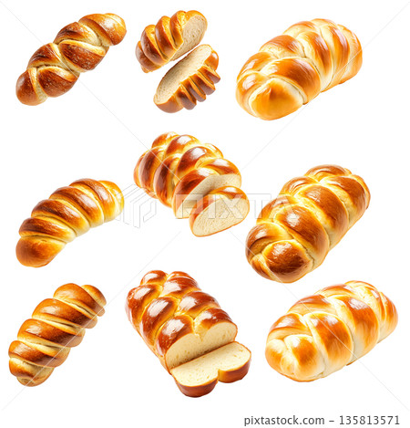 Set of baked braided Challah Jewish bread loaf with a golden crust, isolated on white transparent background Set of baked braided Challah Jewish bread loaf with a golden crust, isolated on white transparent background 135813571