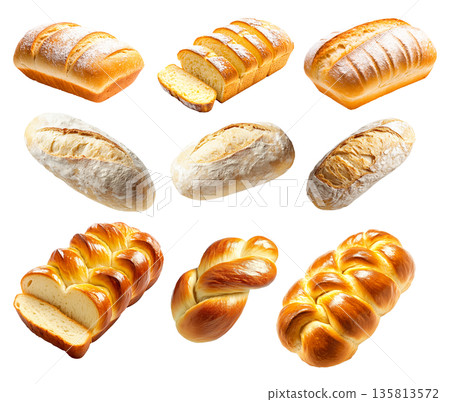 Various types of freshly baked bread loaves and slices shown on white background, rustic and braided styles for bakery concepts Various types of freshly baked bread loaves and slices shown on white background, rustic and braided styles for bakery concepts 135813572