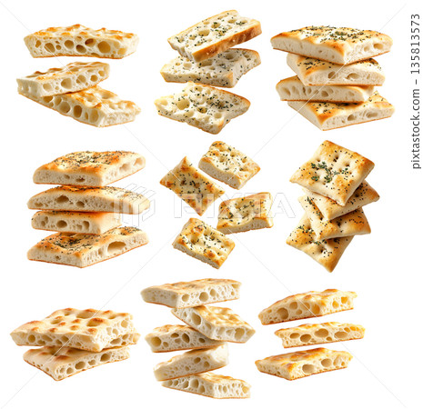 Set of focaccia bread isolated on a white transparent background, Italian bread, flavored with olive oil and herbs. Set of focaccia bread isolated on a white transparent background, Italian bread, flavored with olive oil and herbs. 135813573