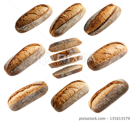 Set of loaf of rye bread isolated on white transparent background, showcasing texture and crust 135813579