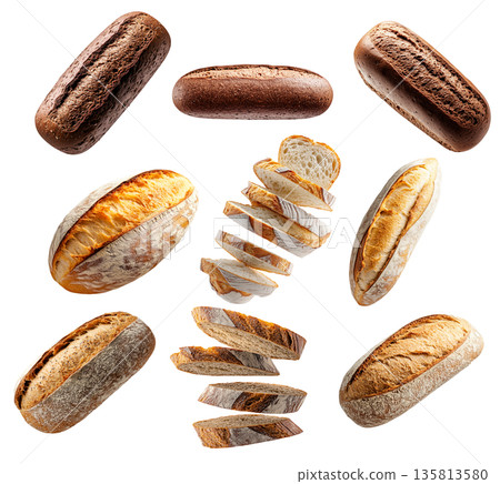 Assortment of different fresh bread loaves and slices on white background. Concept of bakery goods, food variety and freshness 135813580