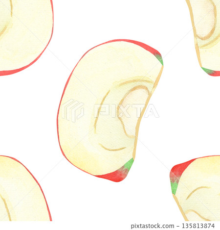 Illustration of an apple, slice, and half, hand-drawn watercolor fruit seamless pattern. Ripe realistic seasonal fruit. Illustration of an apple, slice, and half, hand-drawn watercolor fruit seamless pattern. Ripe realistic seasonal fruit. 135813874
