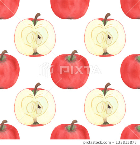 Illustration of an apple, slice, and half, hand-drawn watercolor fruit seamless pattern. Ripe realistic seasonal fruit. 135813875