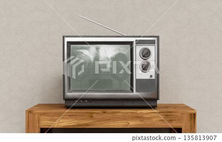 Vintage CRT Television with Antenna on Wooden Table. 3D Rendering. Vintage CRT Television with Antenna on Wooden Table. 3D Rendering. 135813907