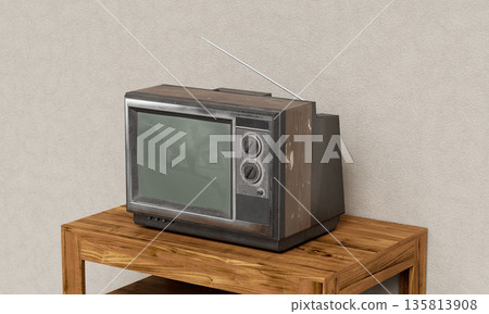 Vintage CRT Television with Antenna on Wooden Table. 3D Rendering. Vintage CRT Television with Antenna on Wooden Table. 3D Rendering. 135813908