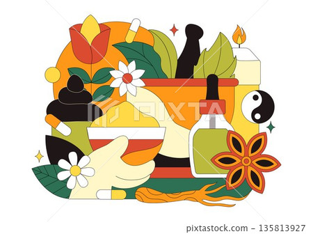 Alternative Medicine And Herbal Healing Vector Illustration With Energy Therapies, Ginseng Root, Essential Oils, Seeds Background 135813927