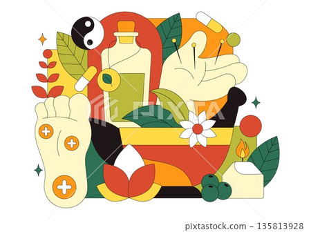 Alternative Medicine And Herbal Healing Vector Illustration With Energy Therapies, Ginseng Root, Essential Oils, Seeds Background 135813928