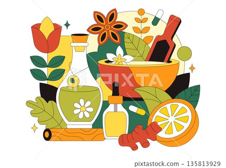 Alternative Medicine And Herbal Healing Vector Illustration With Energy Therapies, Ginseng Root, Essential Oils, Seeds Background 135813929