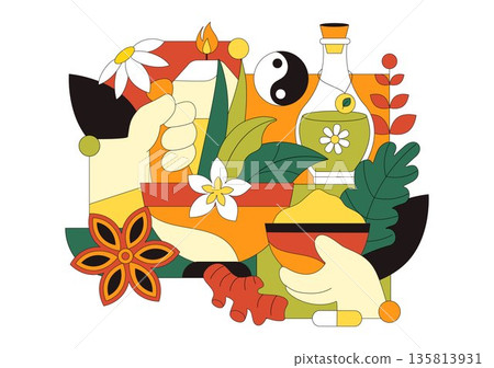 Alternative Medicine And Herbal Healing Vector Illustration With Energy Therapies, Ginseng Root, Essential Oils, Seeds Background Alternative Medicine And Herbal Healing Vector Illustration With Energy Therapies, Ginseng Root, Essential Oils, Seeds Background 135813931