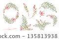 Tropical palm foliage watercolor clipart with lush green leaves and pink flowers isolated on white. Gentle floral wreath, corner, and bouquet for wedding invitation. Callistemon branches drawing set. 135813938