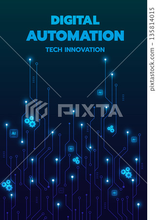 Glowing blue circuit lines with gears and microchips in vertical pattern 135814015