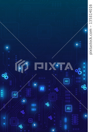 Glowing blue circuit lines with gears and microchips in vertical pattern 135814016