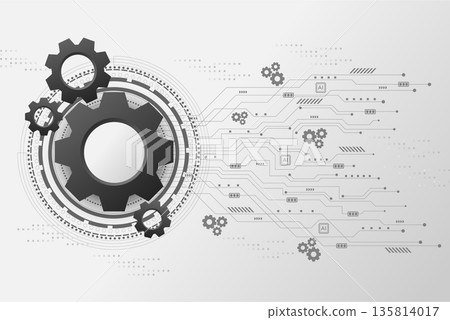 Grey Black Mechanical Gears Connected to Digital Circuit Lines on White Surface 135814017